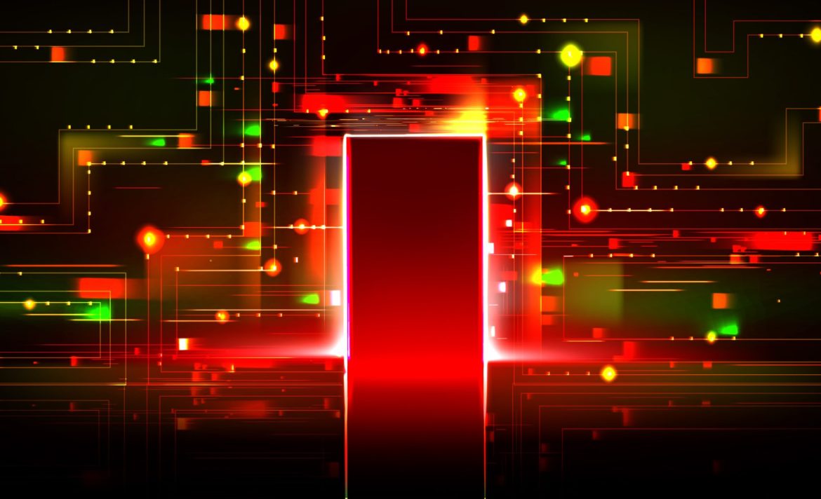 Futuristic open door with digital neon pattern