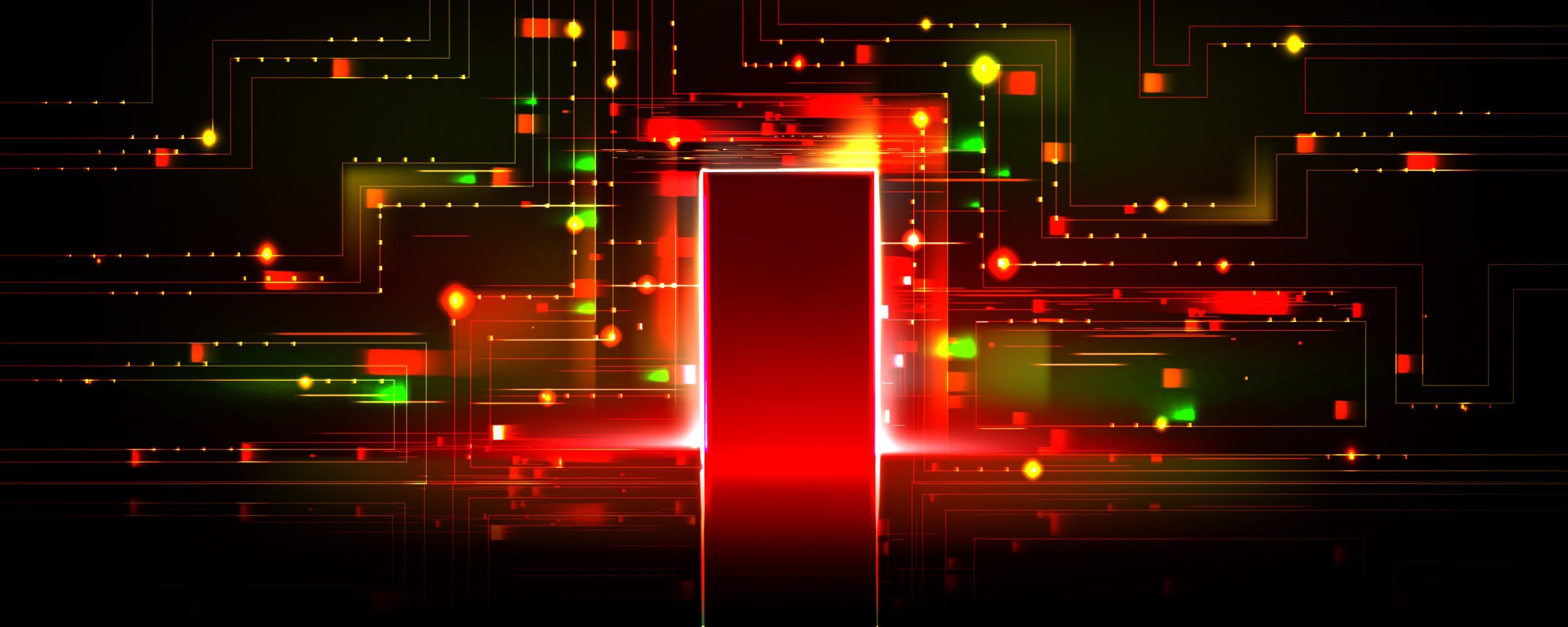 Futuristic open door with digital neon pattern